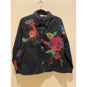 Laura Ashley‎ Jacket Womens M Black Blazer Floral Denim Button Up Embroidered